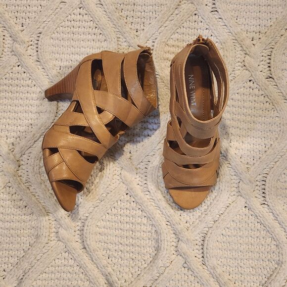 Nine West Shoes - Nine West Tan Open Toe Bootie Heels Size 5.5 M